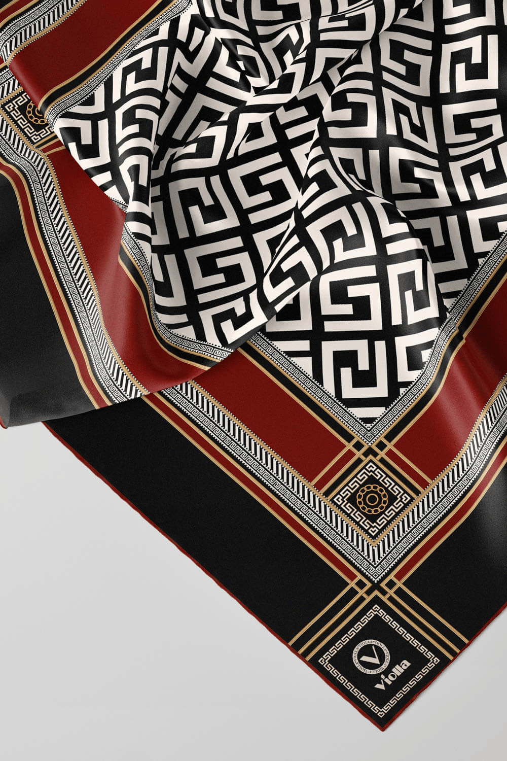 Twill Antik Desenli Bordo Renkli 90x90 Eşarp (İpek İçermez) Kenar Dikiş Şekli El Dikişli