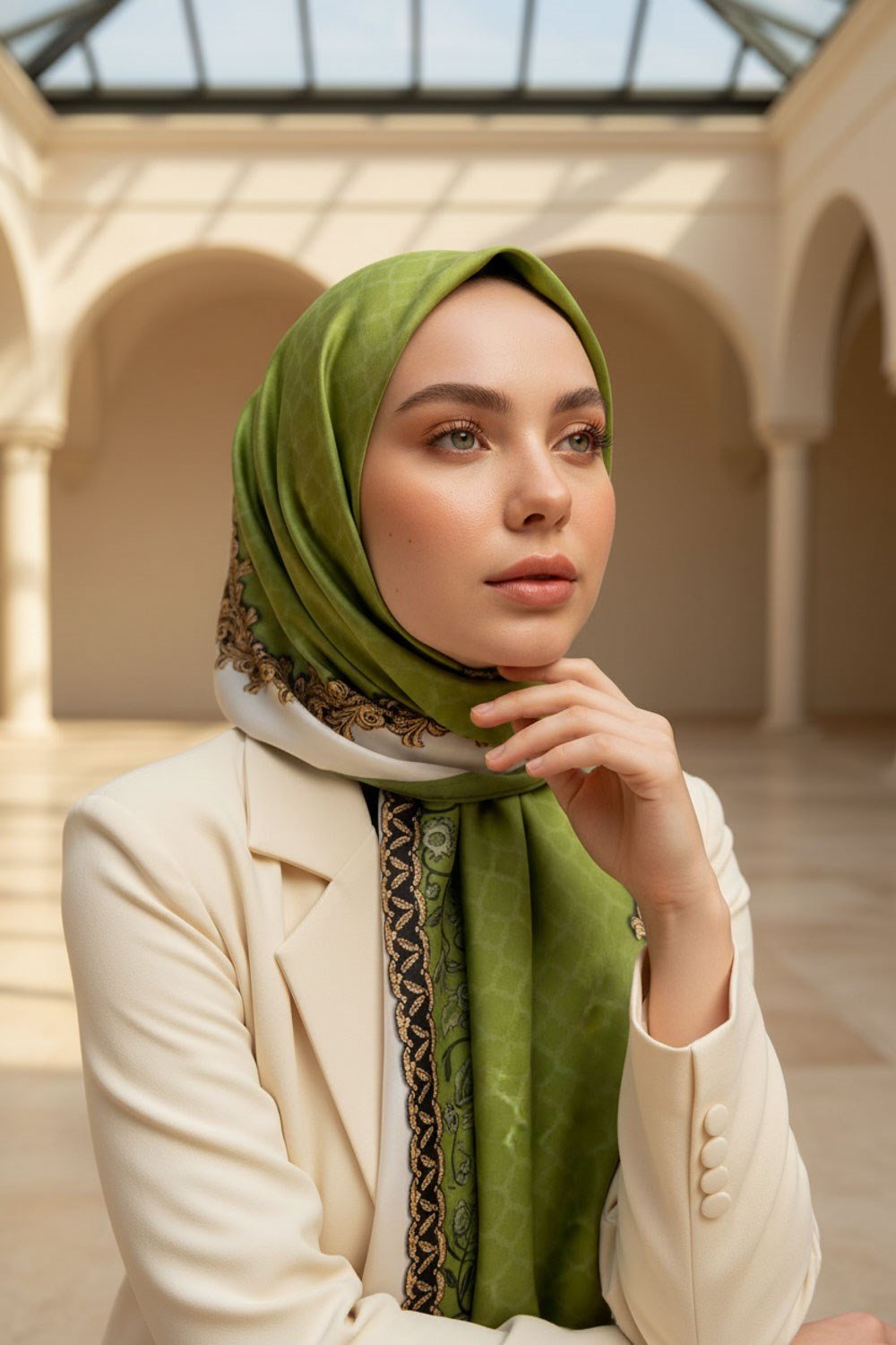%100 Saf İpek Şal İnce Saten Vual Dokuma Yaprak Desenli Fıstık Yeşili - Gold Renkli 90x210 Şal