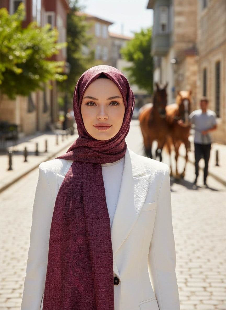 %100 Saf İpek Şal İnce Saten Vual Dokuma Damask Desenli Bordo Renkli 90x210 Şal