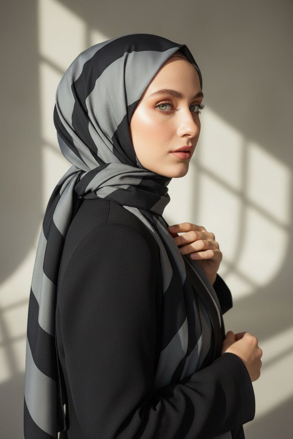 KREP ÇİZGİLİ DESENLİ GRİ - SİYAH RENKLİ 75X195 KIRIŞMAZ ŞAL