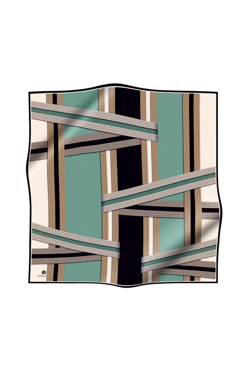 %100 Twill İpek Geometrik Desenli Siyah - Mint Yeşili Renkli 90x90 Eşarp Dikim Şekli : El Dikişi