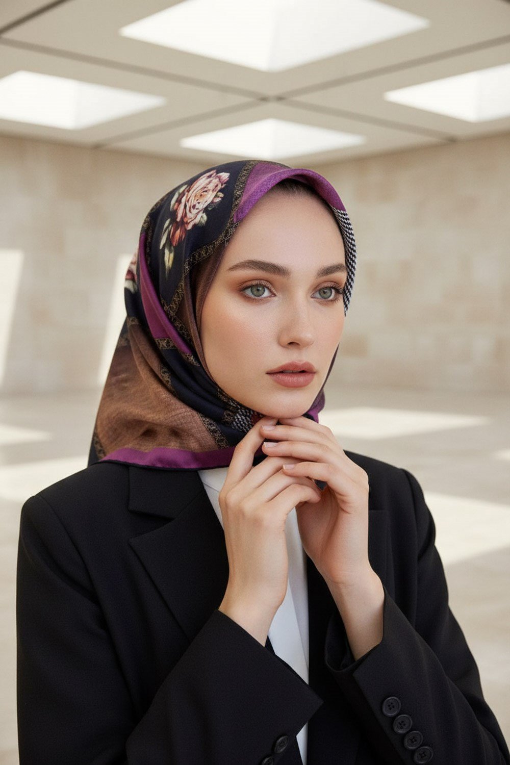%100 Twill İpek Dokulu Çiçekli Ve Geometrik Desenli Lacivert - Mürdüm Renkli 90x90 Eşarp Dikim Şekli : El Dikişi