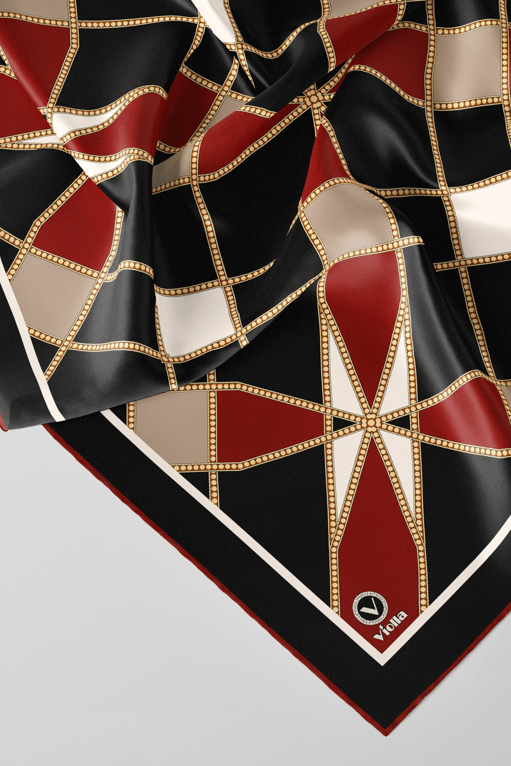 Twill Gold Detaylı Geometrik Çiçekli Desenli Bordo Renkli 90x90 Eşarp (İpek İçermez) Kenar Dikiş Şekli El Dikişli