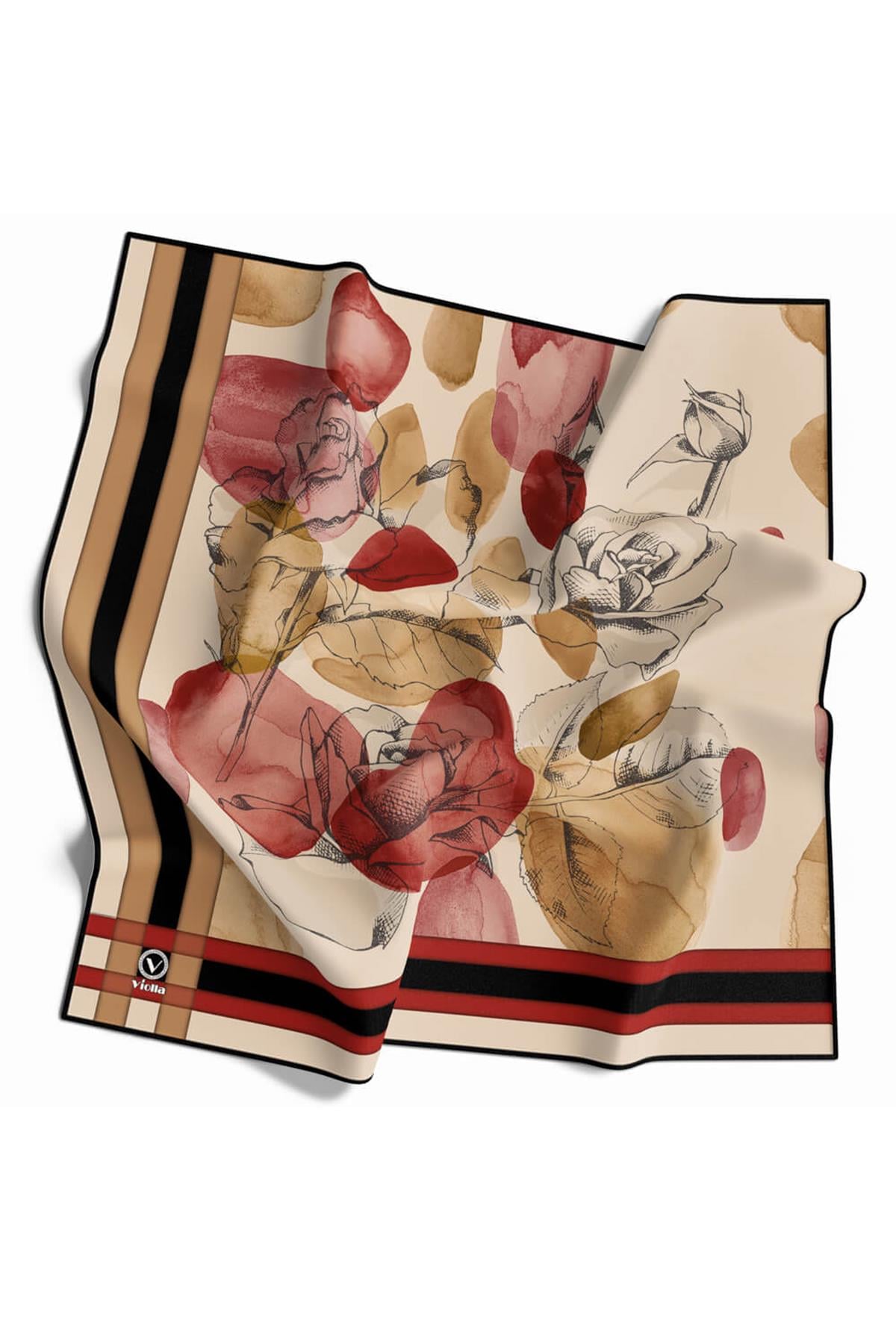Soft Çiçek Desenli Bordo Renkli 90x90 Eşarp (İpek İçermez) Kenar Dikiş Şekli El Dikişli