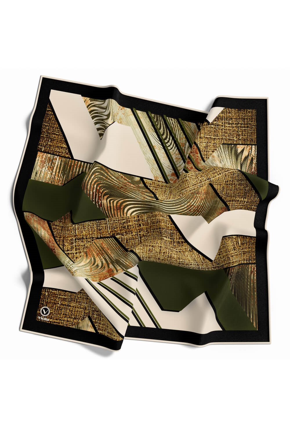 Twill Dalgalı Geometrik Desenli Haki Renkli 90x90 Eşarp (İpek İçermez) Kenar Dikiş Şekli El Dikişli