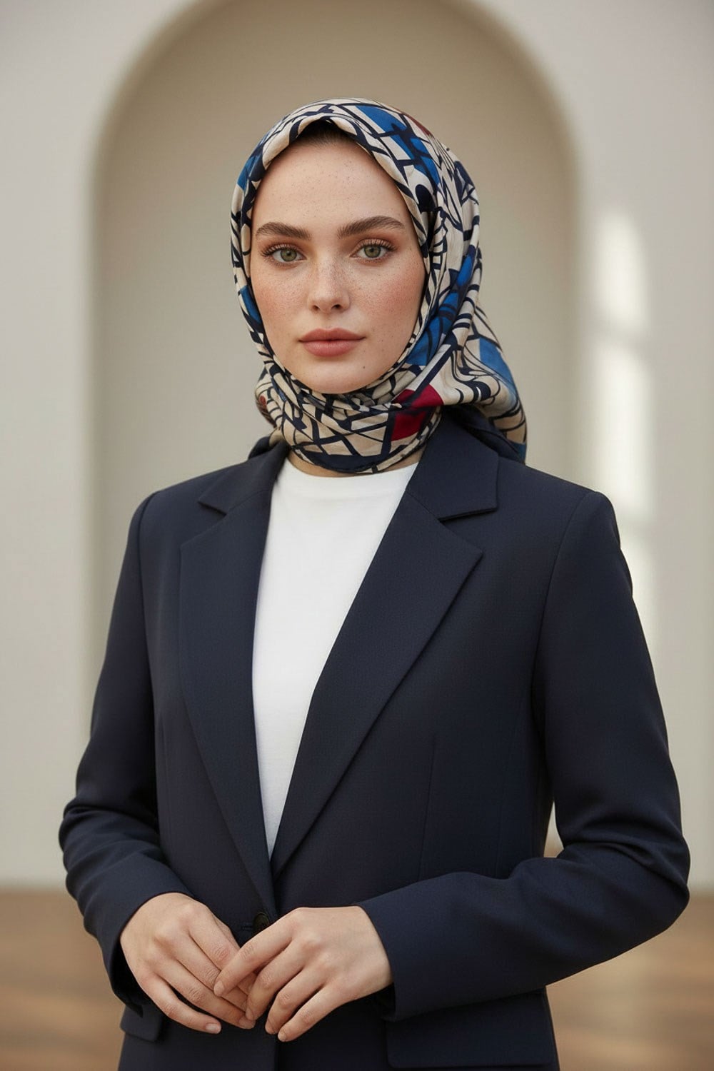 %100 Twill Renkli Petek Desenli Mavi - Kırmızı Renkli 90x90 Eşarp Dikim Şekli: El Dikişii
