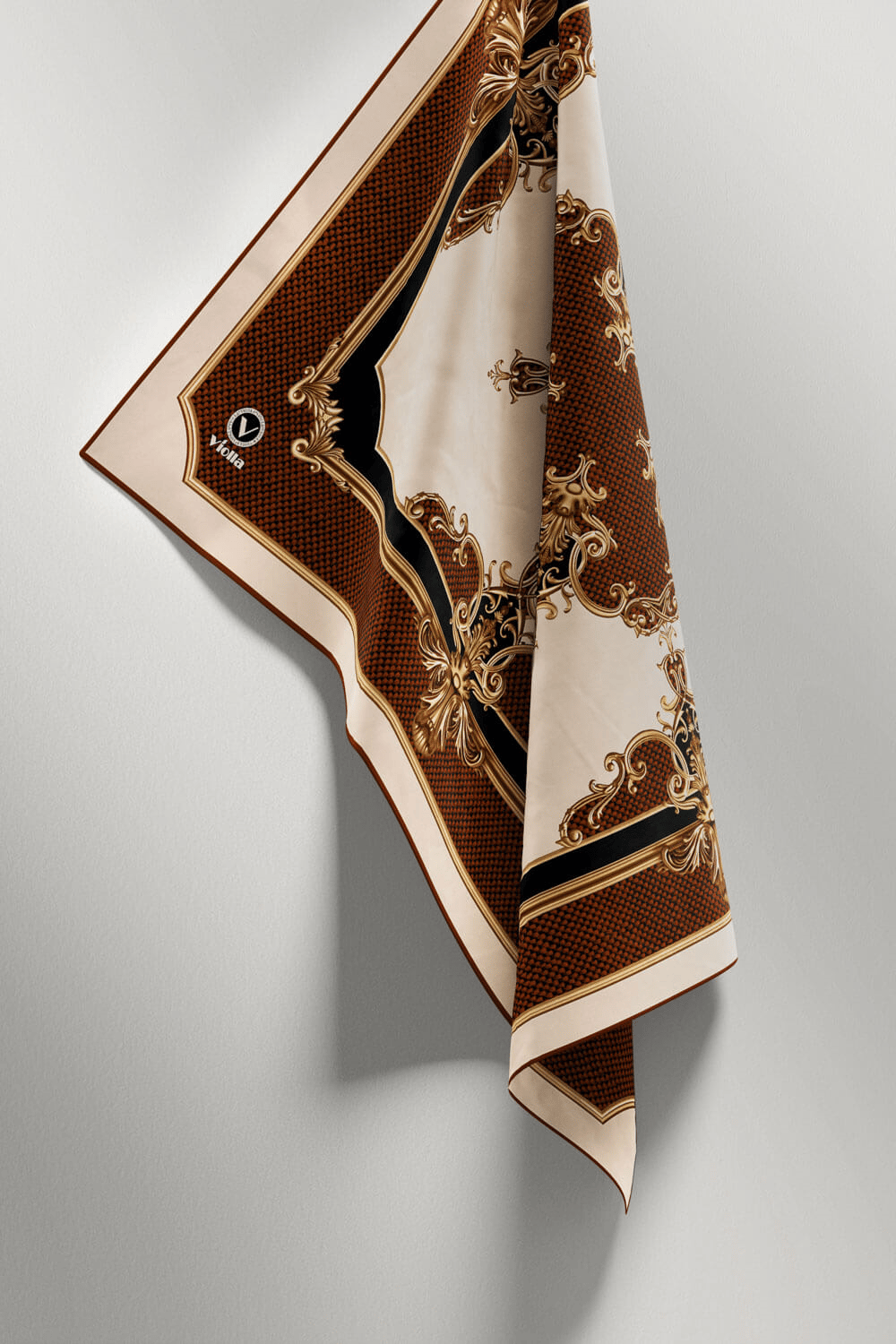 Twill Barok Desenli Taba Renkli 90x90 Eşarp (İpek İçermez) Dikim Şekli : El Dikişi