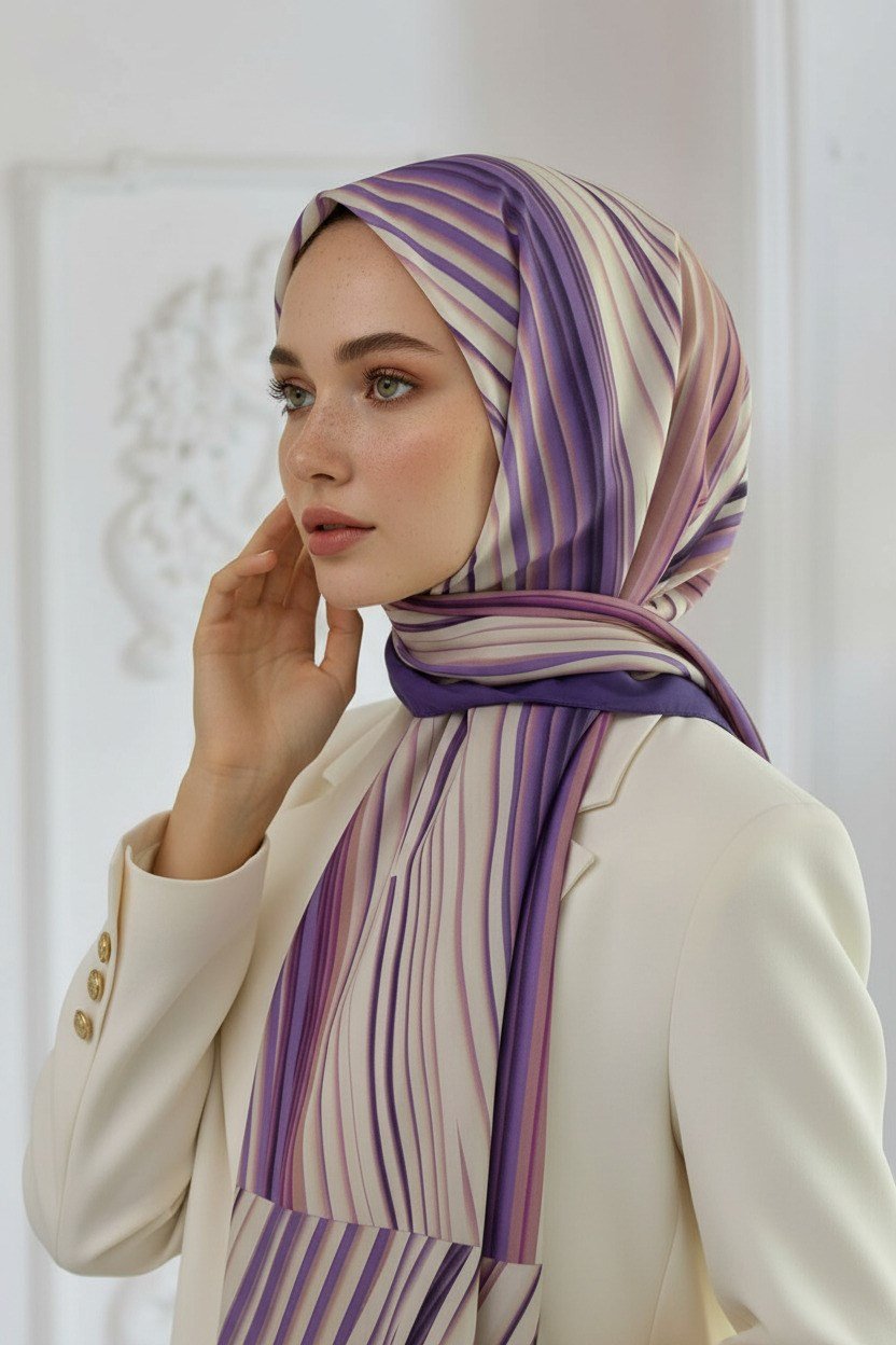 KREP ÇİZGİLİ DESENLİ LİLA RENKLİ 75X195 KIRIŞMAZ ŞAL