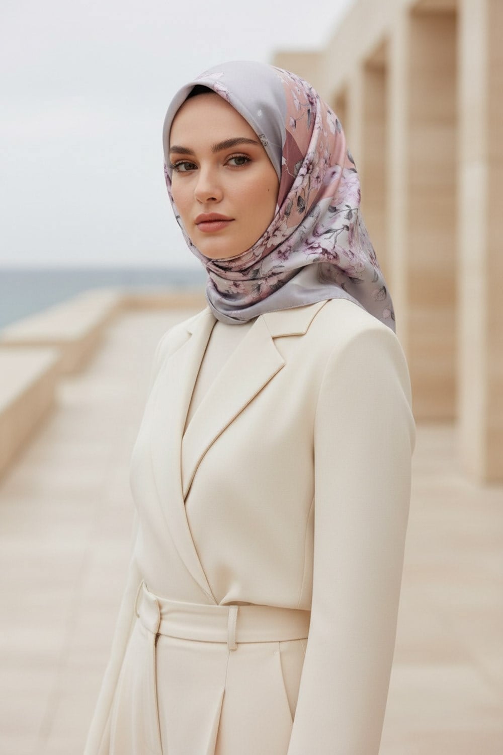 %100 Twill İpek Geometrik Ve Çiçek Desenli Pudra - Gri Renkli 90x90 Eşarp Dikim Şekli : El Dikişi