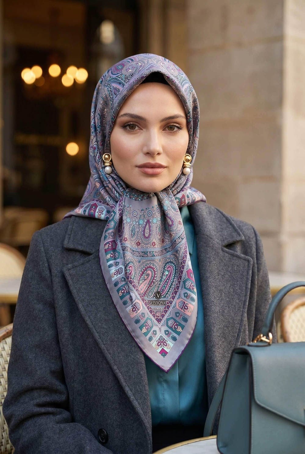 %100 Twill İpek Etro Desenli Gri Renkli 90x90 Eşarp Dikim Şekli : El Dikişi