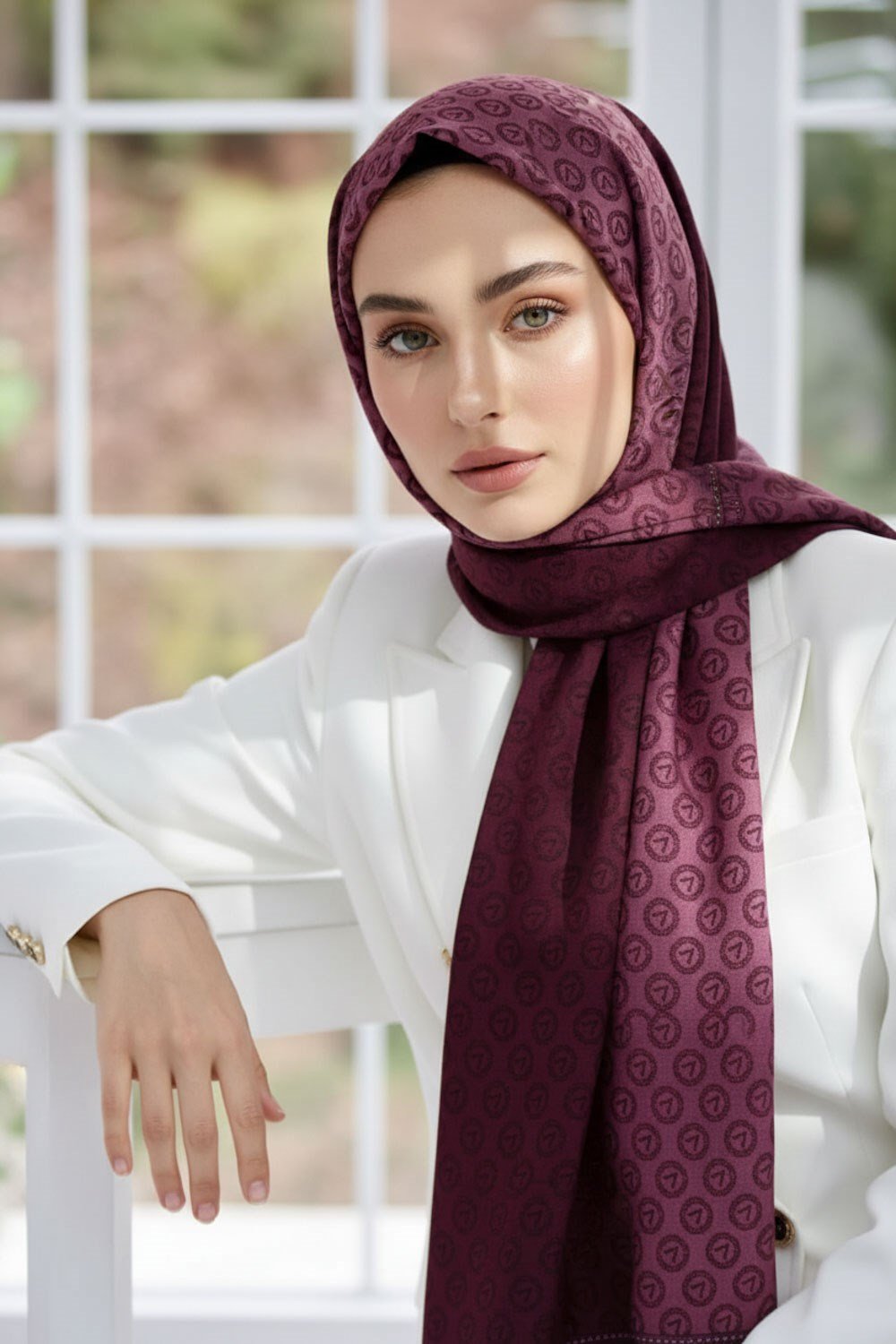 KREP MONOGRAM DESENLİ PUDRA RENKLİ 75X195 KIRIŞMAZ ŞAL