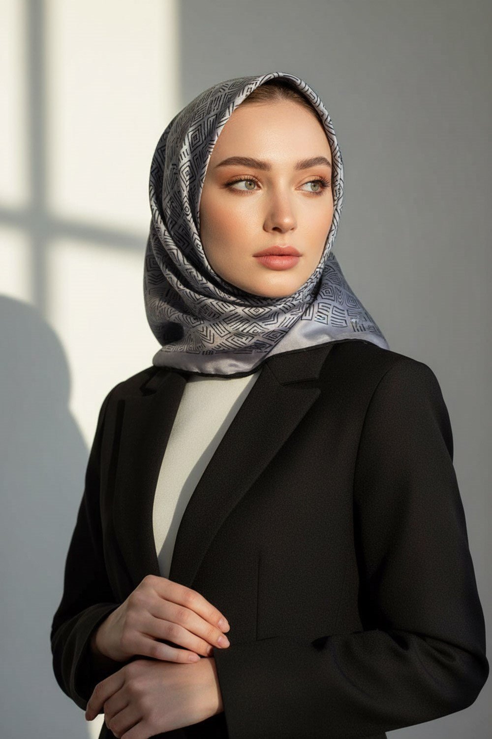 100% Twill İpek Etnik Motif Desenli Gri - Siyah Renkli 90x90 Dikim Şekli : El Dikişi Eşarp