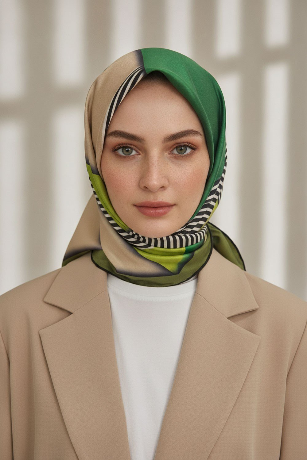 %100 Twill İpek Çizgili ve Geometrik Desenli Zümrüt Yeşili - Haki Renkli 90x90 Eşarp Dikim Şekli : El Dikişi