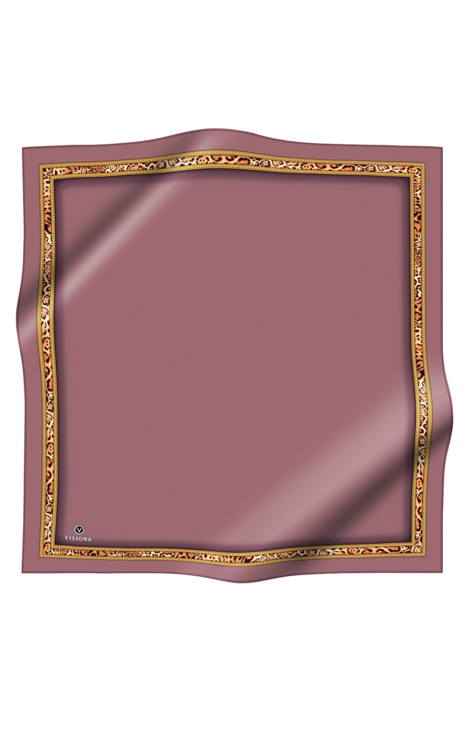 %100 Twill İpek Bordürü Leoparlı Düz Desenli Gül Kurusu - Gold Renkli 90x90 Eşarp Dikim Şekli : El Dikişi