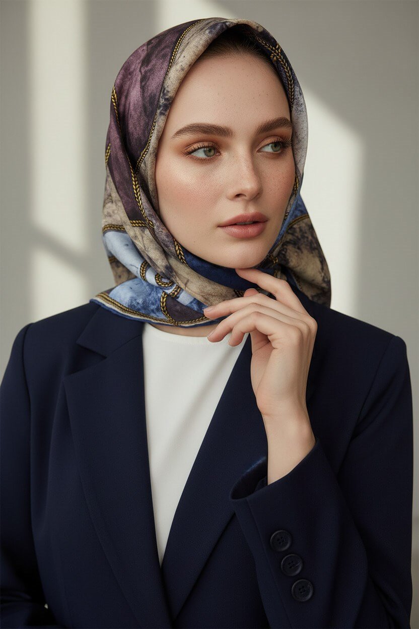 %100 Twill İpek Zincirli Mermer Desenli Bebe Mavisi - Pudra Renkli 90x90 Eşarp Dikim Şekli : El Dikişi