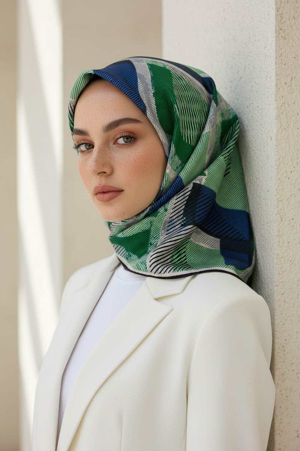 %100 Twill İpek Geometri Desenli Saks - Zümrüt Yeşili Renkli 90x90 Eşarp Kenar Dikiş Şekli El Dikişli