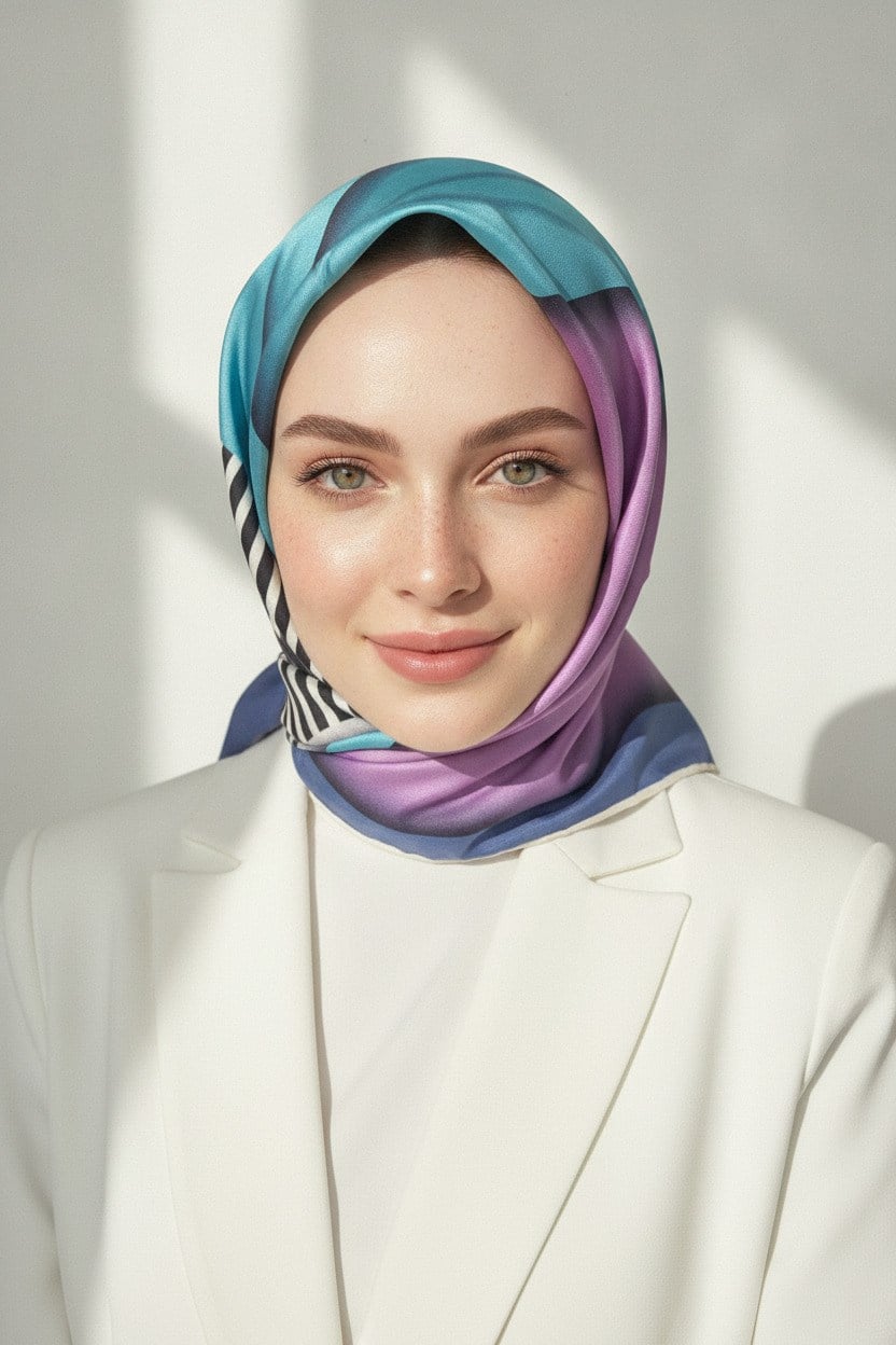 %100 Twill Renk Bloklu Çizgili Desenli Lila - İndigo Renkli 90x90 Eşarp Dikim Şekli: El Dikişii