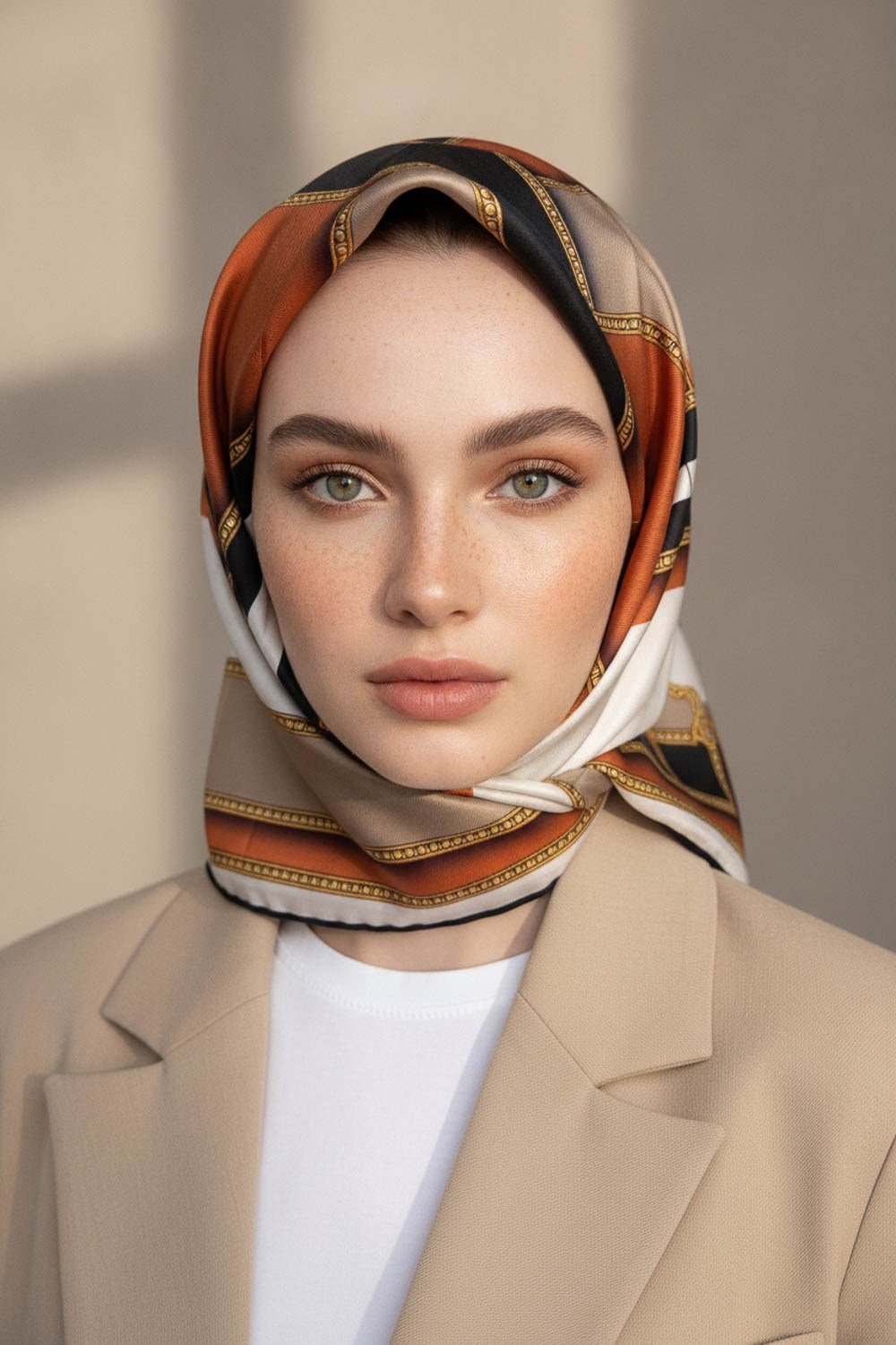 %100 Twill İpek Geometrik Desenli Taba - Bej Renkli 90x90 Eşarp Dikim Şekli : El Dikişi