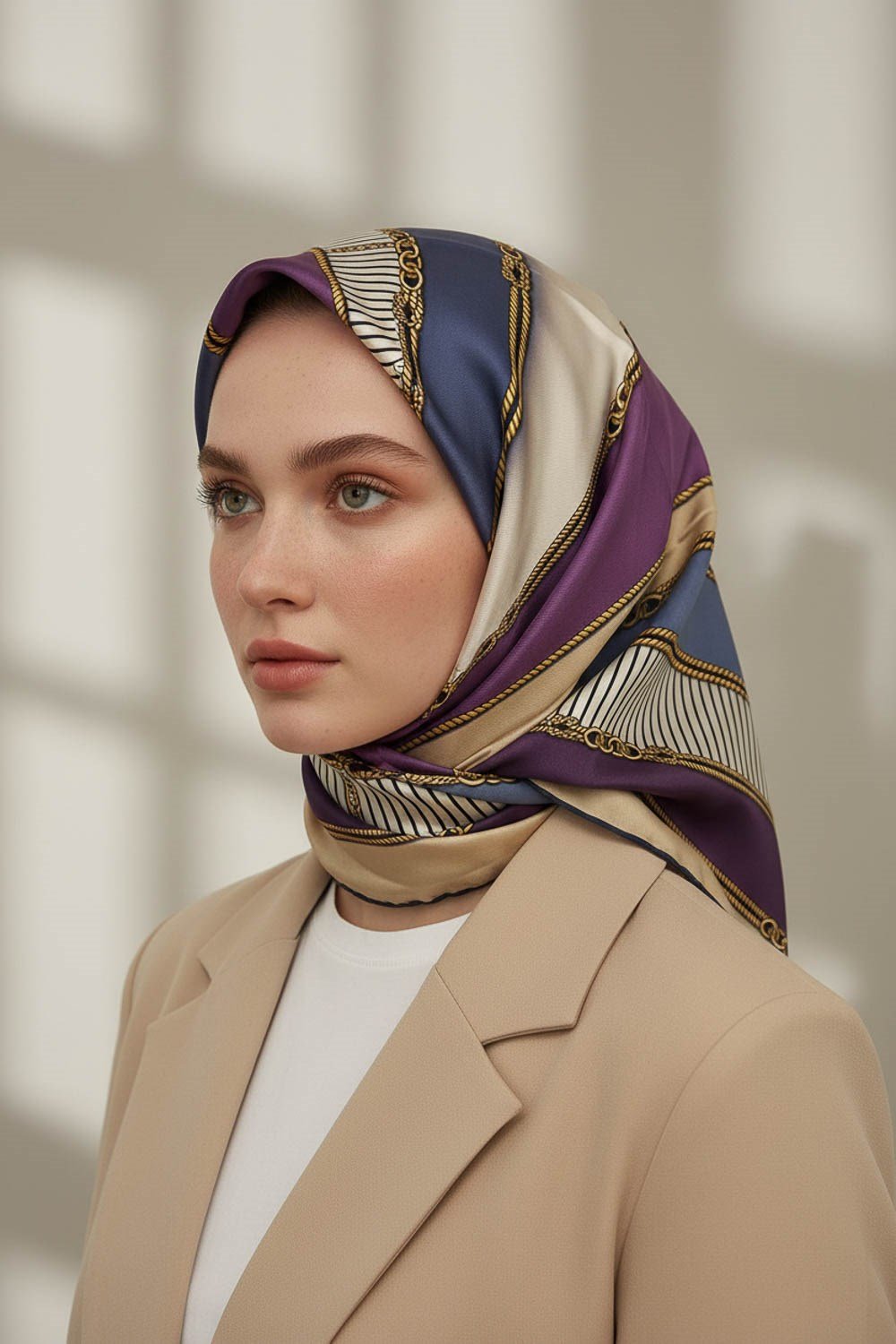 %100 Twill İpek Zincir Detaylı Geometrik Desenli İndigo - Mor Renkli 90x90 Eşarp Dikim Şekli : El Dikişi