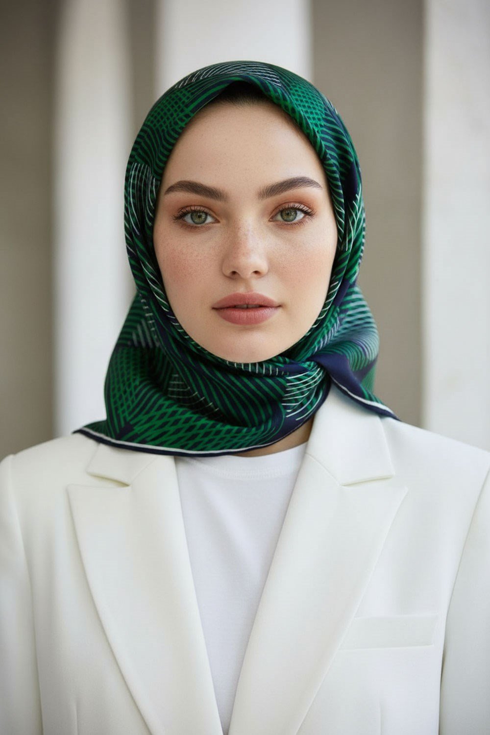 %100 Twill İpek Çizgili Çiçek Desenli Lacivert - Zümrüt Yeşili Renkli 90x90 Eşarp Dikim Şekli : El Dikişi
