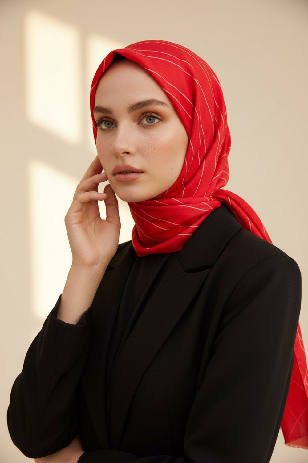 %100 Saf İpek Şal İnce Saten Vual Dokuma Çizgili Desenli 90x210 Şal