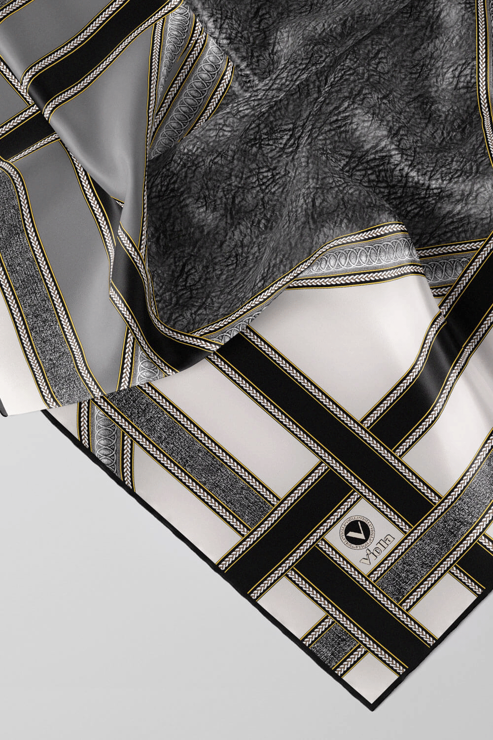 Twill Bordür Taş Desenli Gri Renkli 90x90 Eşarp (İpek İçermez) Kenar Dikiş Şekli El Dikişli