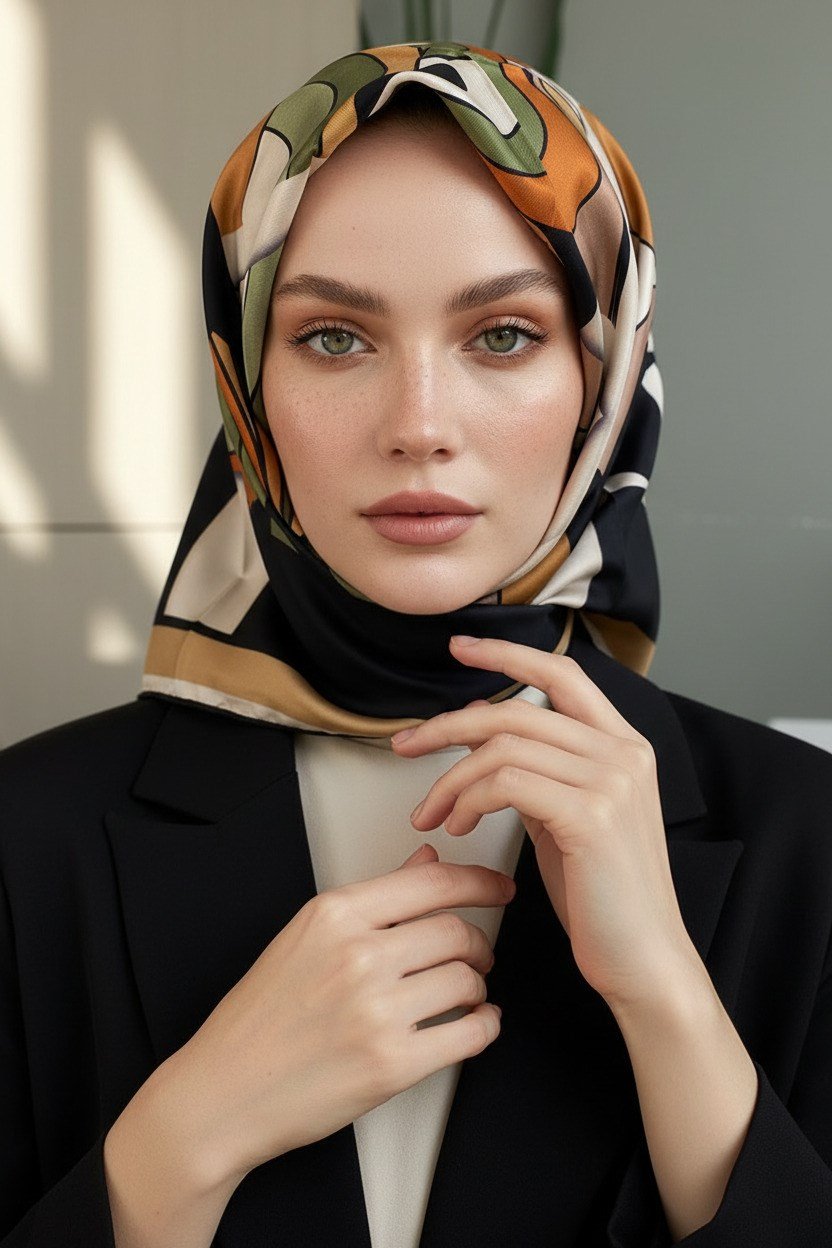 % 57 İPEK % 43 VİSKON Twill İpek Geometrik Desenli Taba - Haki Renkli 90x90 Dikim Şekli : El Dikişi Eşarp