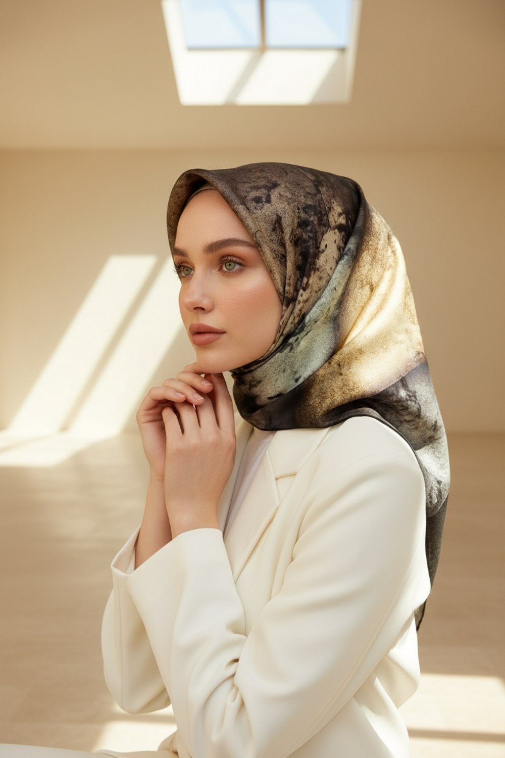 %100 Twill İpek Dokulu Ve Geometrik Desenli Zümrüt Yeşili - Haki Renkli 90x90 Eşarp Dikim Şekli : El Dikişi