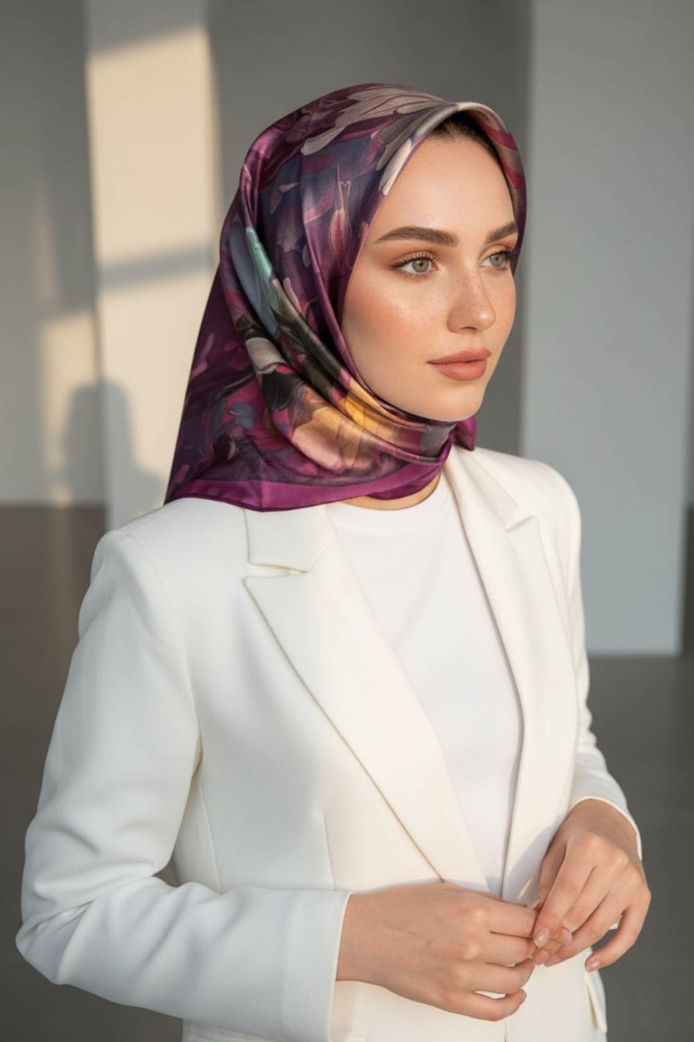 %100 Twill İpek Dumanlı Çiçek Desenli Mürdüm Renkli 90x90 Eşarp Kenar Dikiş Şekli El Dikişli