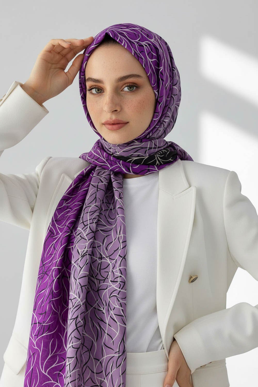 KREP GEOMETRİK DESENLİ LİLA RENKLİ 75X195 KIRIŞMAZ ŞAL