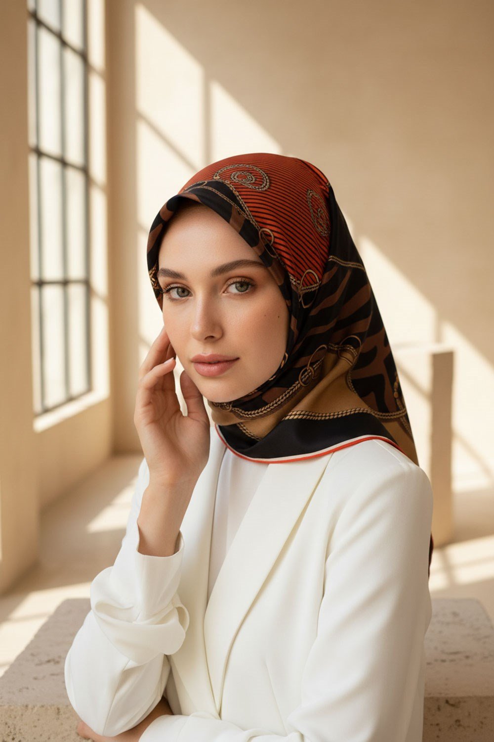 %100 Twill İpek Zincirli Ve Zebra Desenli Taba - Bej Renkli 90x90 Eşarp Dikim Şekli : El Dikişi