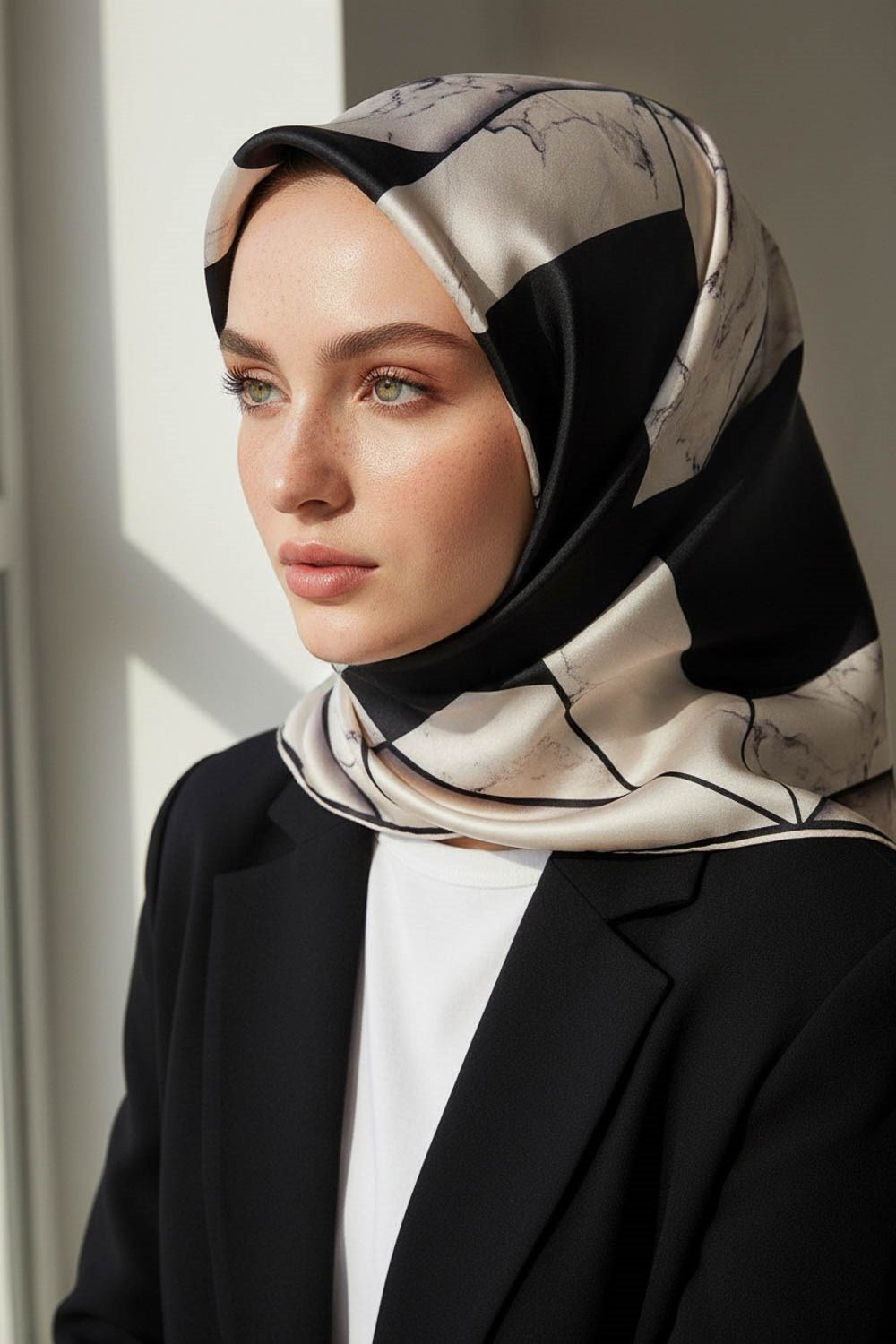 %100 Twill İpek Mermer Desenli Siyah - Krem Renkli 90x90 Eşarp Dikim Şekli : El Dikişi