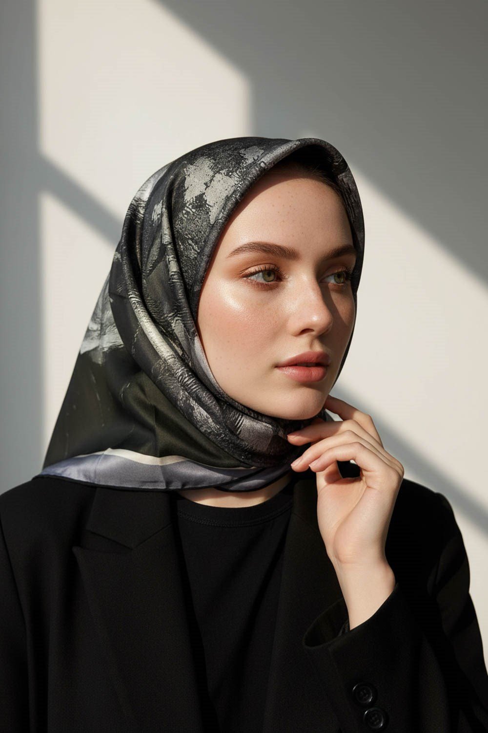 %100 Twill İpek Yağlı Boya Çiçek Desenli Gri Renkli 90x90 Eşarp Dikim Şekli : El Dikişi