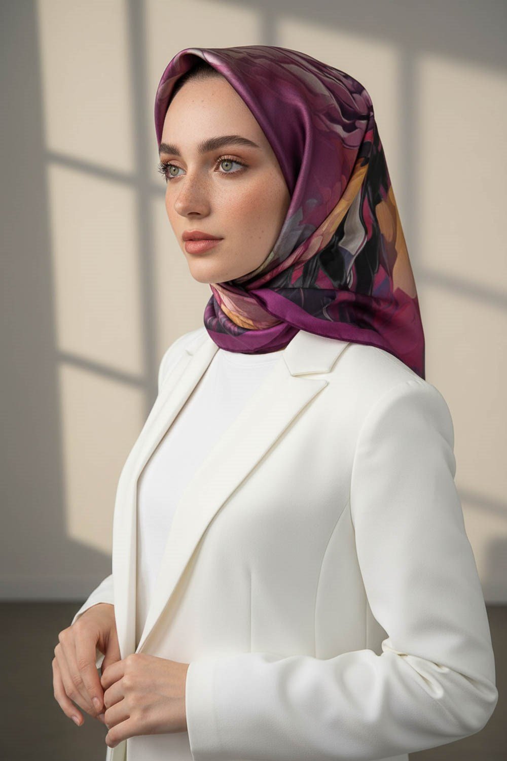 %100 Twill İpek Dumanlı Çiçek Desenli Mürdüm Renkli 90x90 Eşarp Kenar Dikiş Şekli El Dikişli