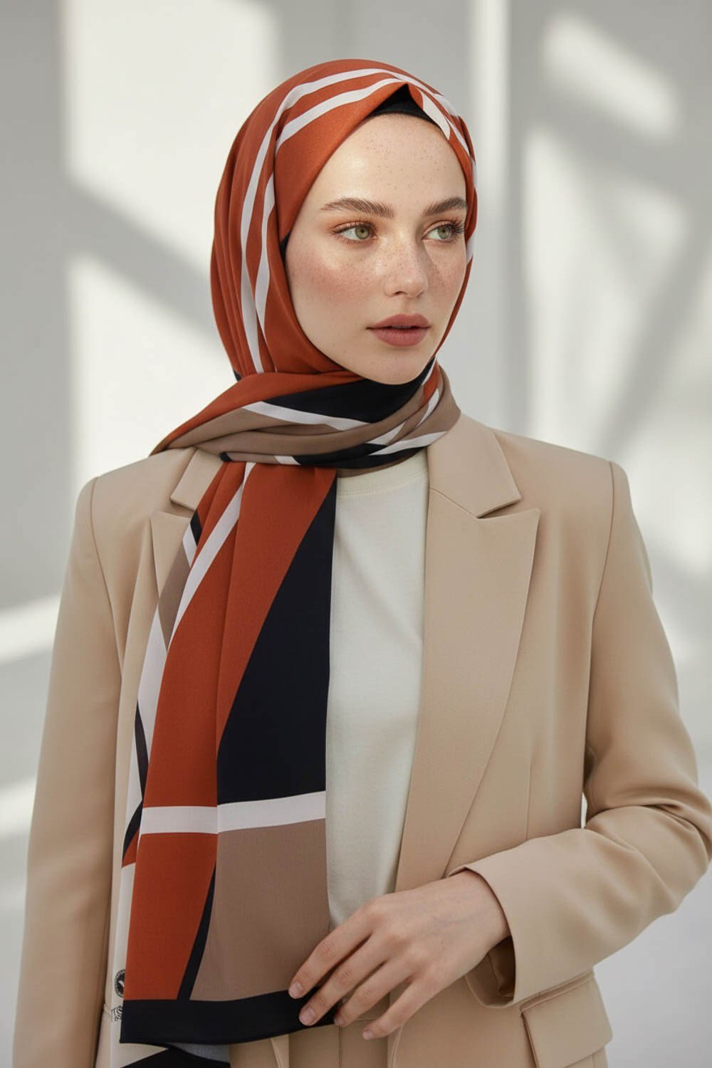 KREP GEOMETRIK DESENLİ TABA RENKLİ 75X195 KIRIŞMAZ ŞAL