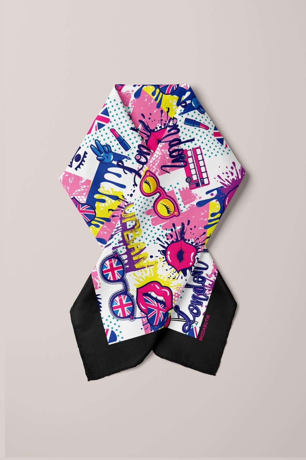 Violla V28 Kadın Pembe Mavi London Desen Desenli 50x50 Bandana HYL DG0774-22