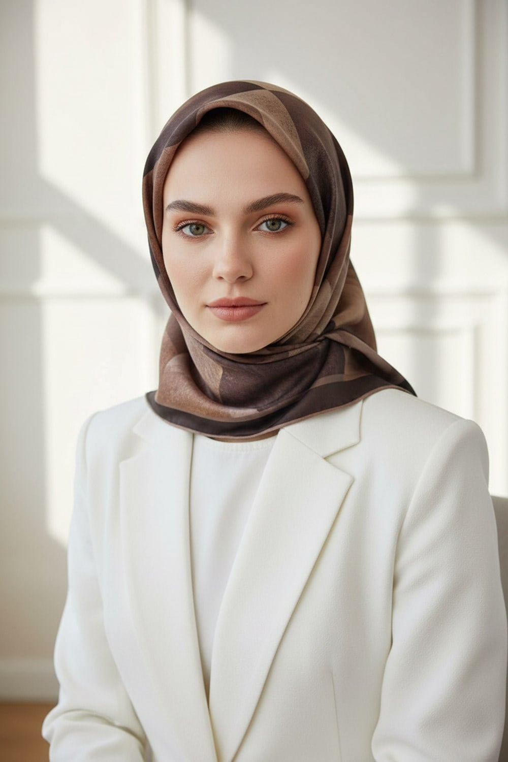 %100 Twill İpek Geometrik Desenli Soğan Kabuğu - Bej Renkli 90x90 Eşarp Dikim Şekli : El Dikişi