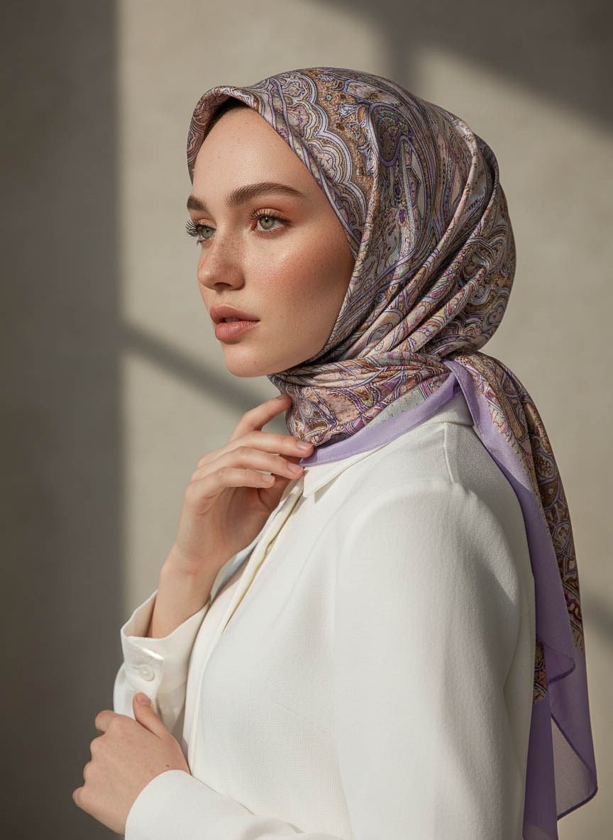 %100 Saf İpek Şal İnce Saten Vual Dokuma Etnik Desenli Lila - Bej Renkli 90x210 Şal