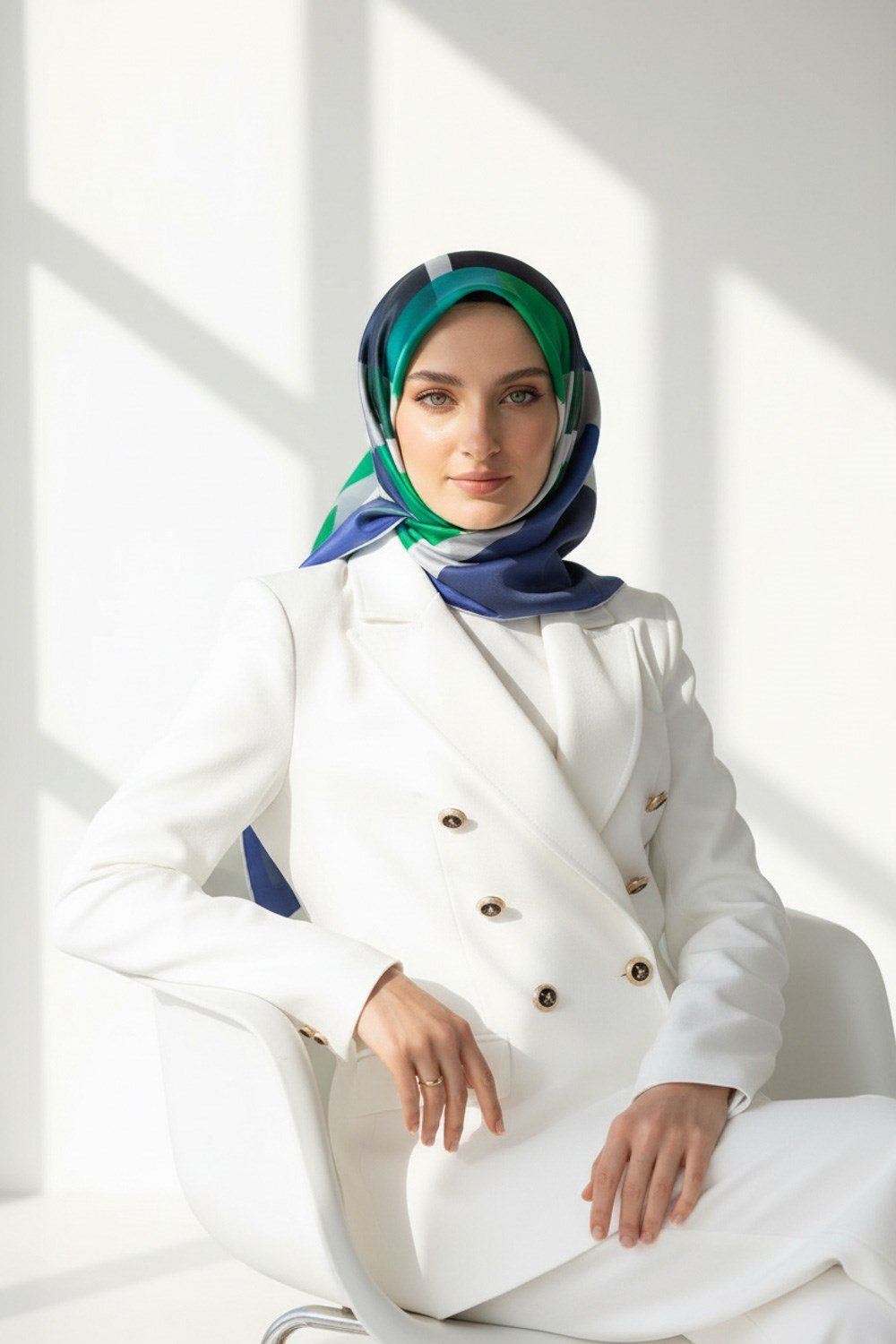 % 57 İPEK % 43 VİSKON Twill İpek Geometrik Desenli Zümrüt Yeşili - Saks Renkli 90x90 Eşarp Dikim Şekli : El Dikişi