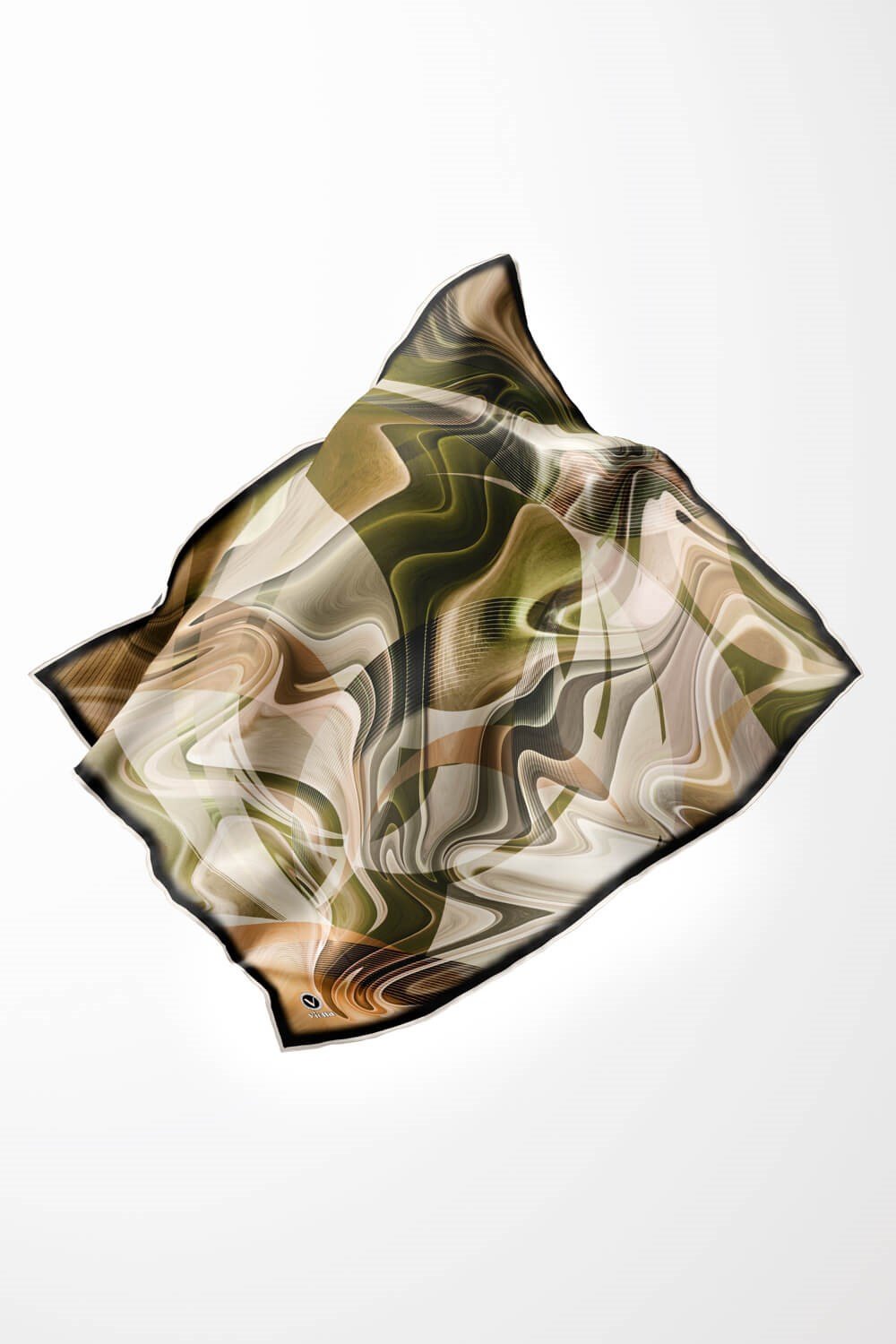 Twill Soyut Dalga Desenli Haki Renkli 90x90 Eşarp (İpek İçermez) Dikim Şekli : El Dikişi