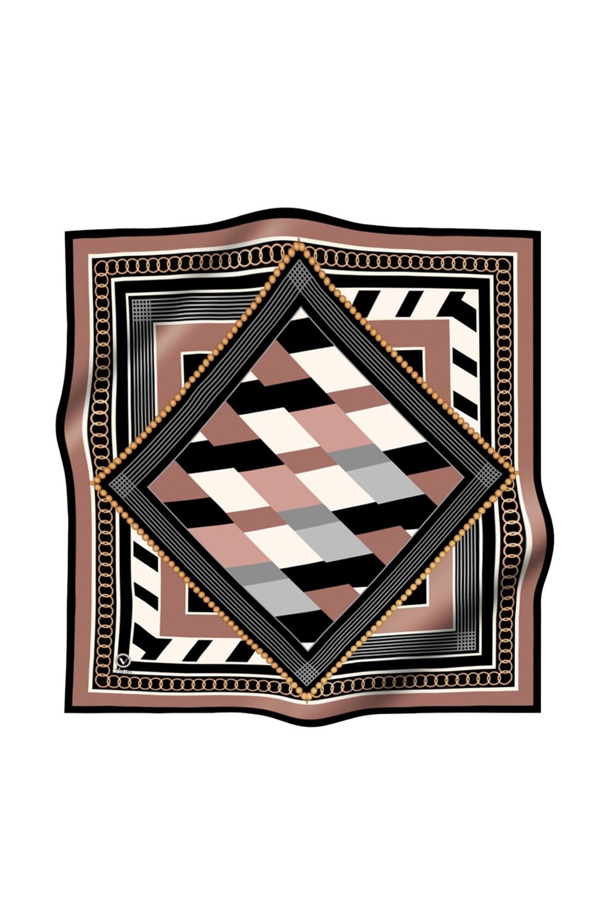 Soft Geometrik Desenli Bakır Renkli 90x90 Eşarp (İpek İçermez) Kenar Dikiş Şekli El Dikişli