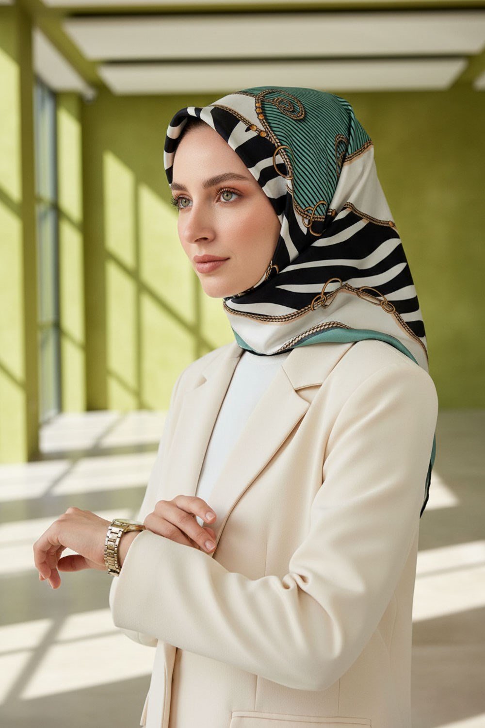 %100 Twill İpek Zincirli Ve Zebra Desenli Su Yeşili - Krem Renkli 90x90 Eşarp Dikim Şekli : El Dikişi
