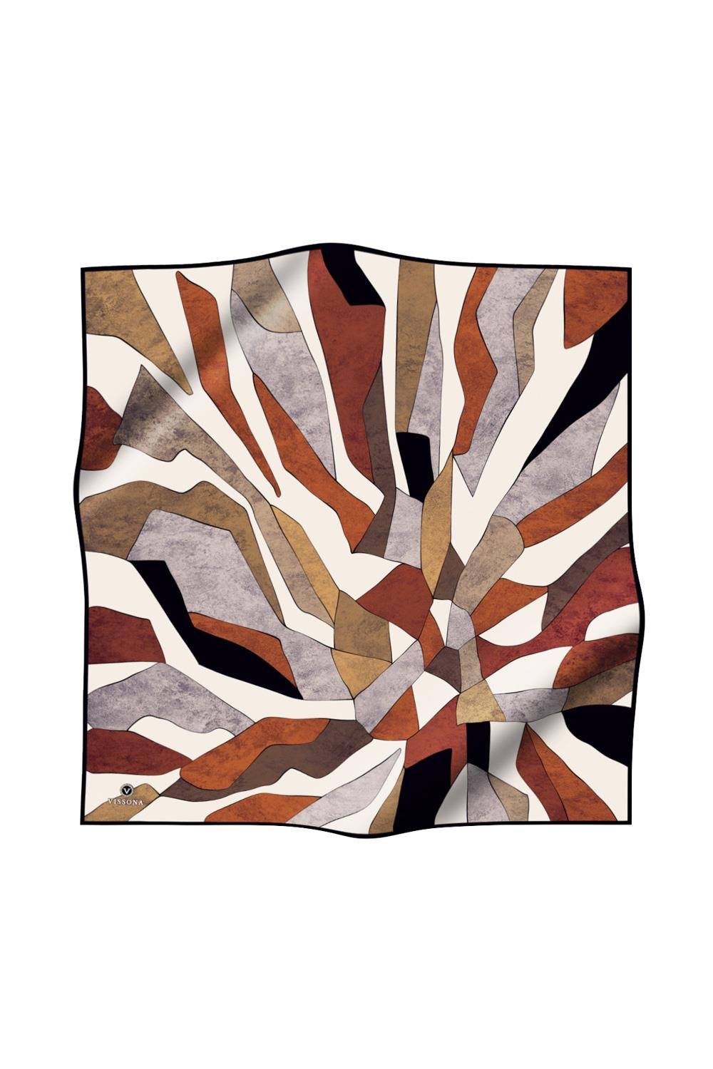 %100 Twill İpek Geometrik Desenli Bej - Taba Renkli 90x90 Eşarp Dikim Şekli : El Dikişi