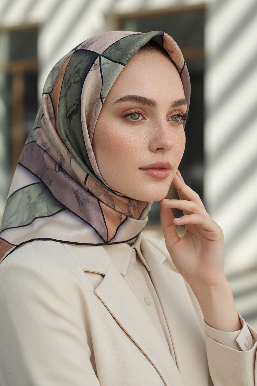 %100 Twill İpek Mermer Desenli Bakır - Haki Renkli 90x90 Eşarp Dikim Şekli : El Dikişi