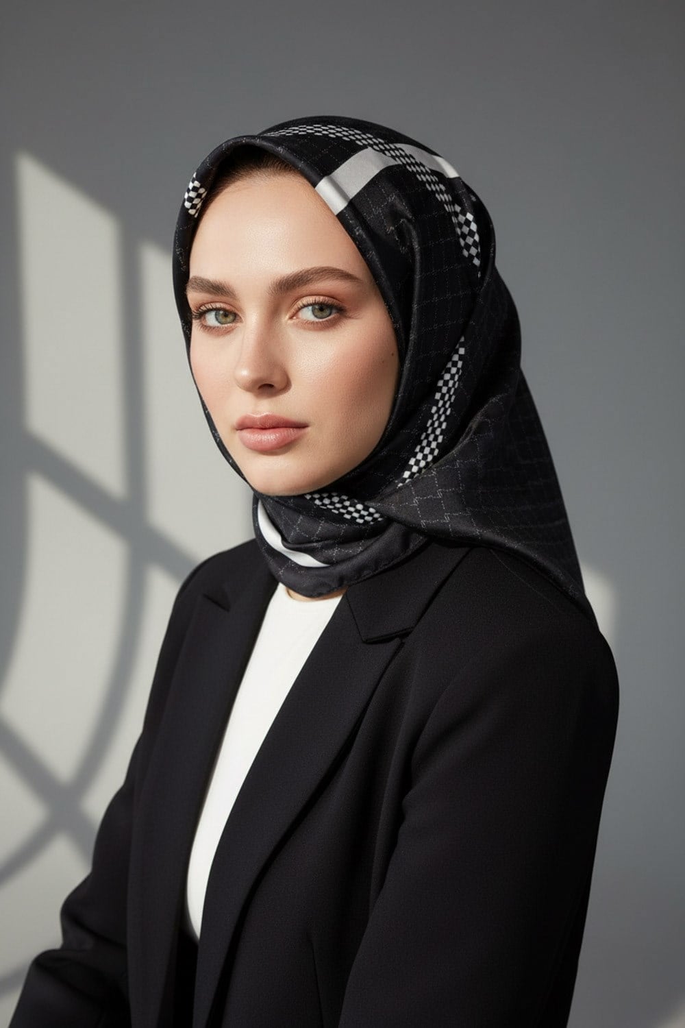 %57 İPEK %43 VİSKON Twill İpek Monogram Ve Şerit Desenli Siyah - Krem Renkli 90x90 Eşarp Dikim Şekli : El Dikişi