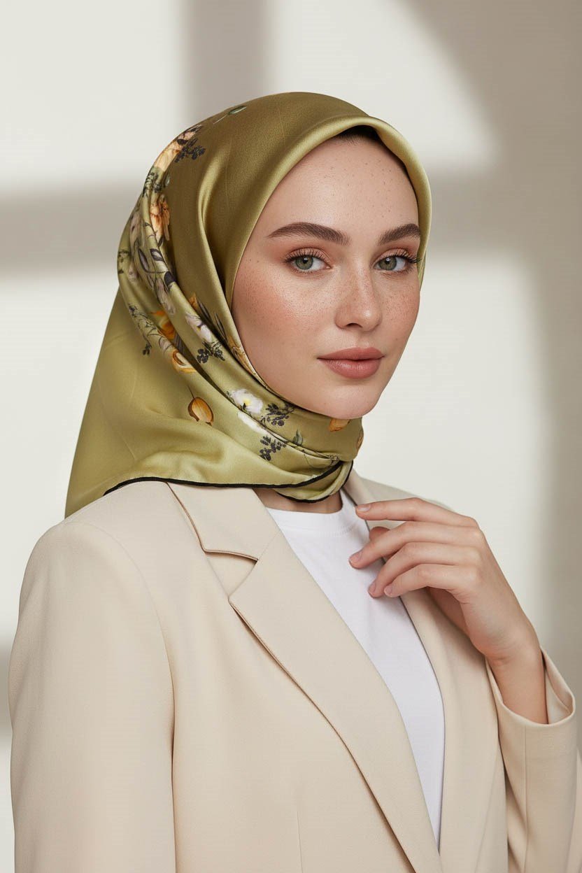 %100 Twill İpek Sonsuz Çiçek Desenli Yağ Yeşili Renkli 90x90 Eşarp Dikim Şekli : El Dikişi