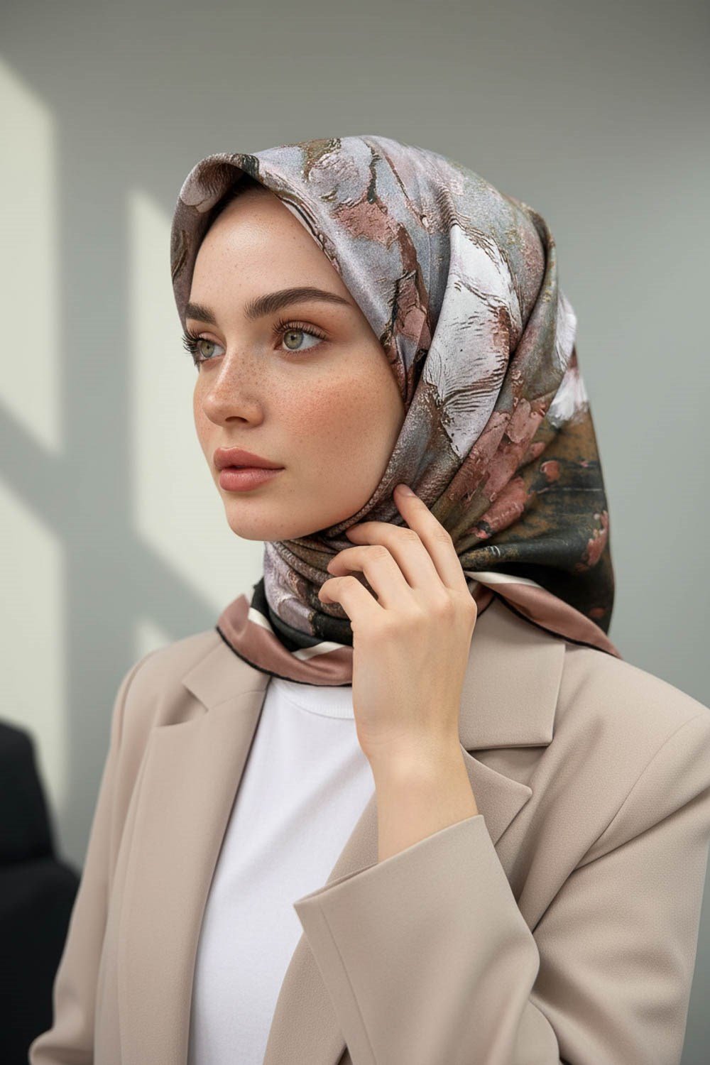 %100 Twill İpek Yağlı Boya Çiçek Desenli Bej Renkli 90x90 Eşarp Dikim Şekli : El Dikişi