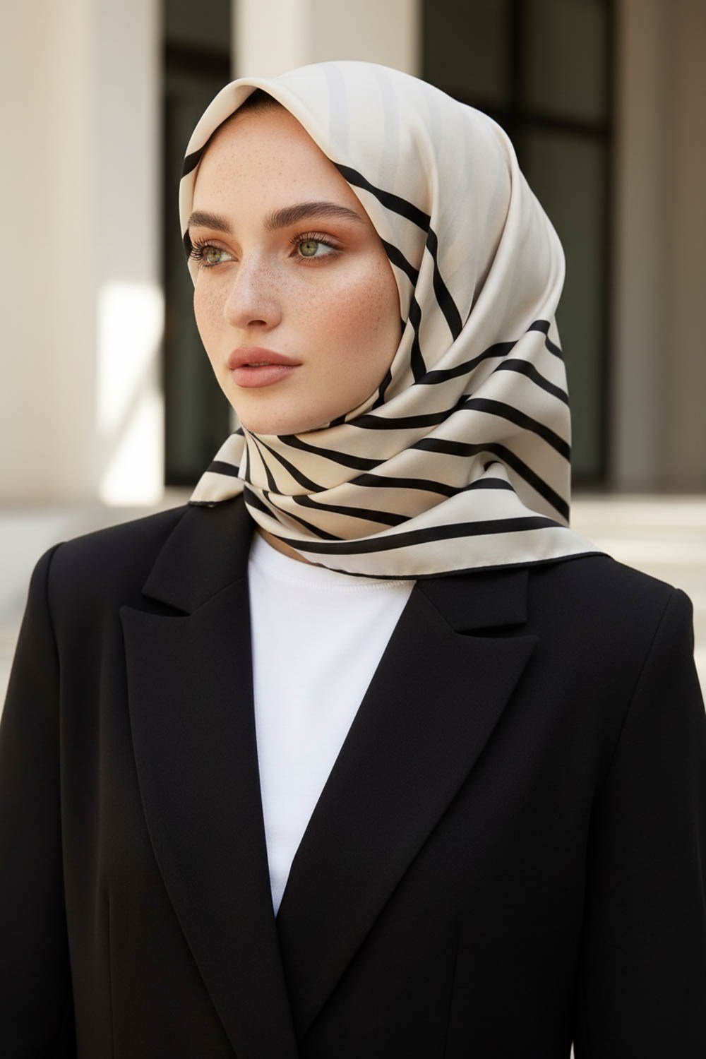 %100 Twill İpek Çizgili Desenli Krem - Siyah Renkli 90x90 Eşarp Dikim Şekli : El Dikişi