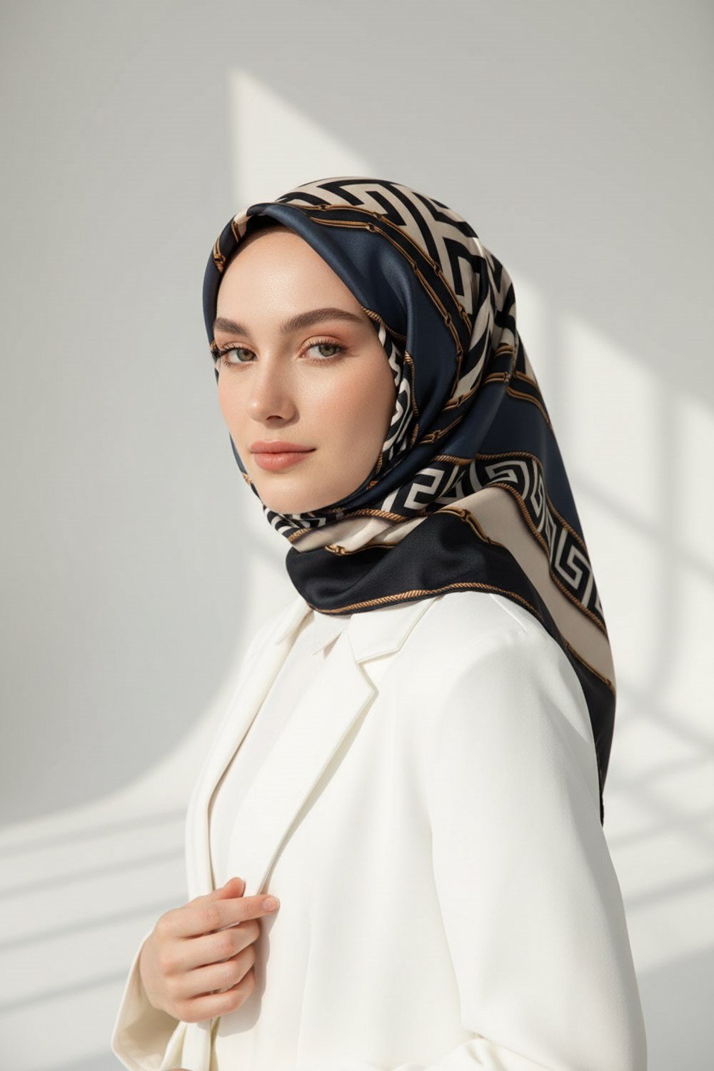 % 57 İPEK % 43 VİSKON Twill İpek Labirent Ve Geometrik Desenli Lacivert - İndigo Renkli 90x90 Eşarp Dikim Şekli : El Dikişi