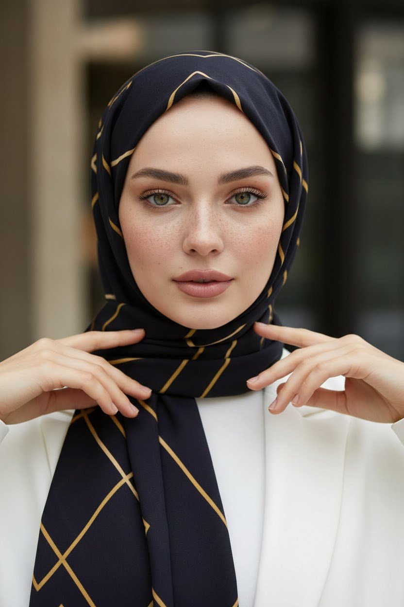 KREP GOLD DETAYLI KARO DESENLİ SİYAH RENKLİ 75X195 KIRIŞMAZ ŞAL